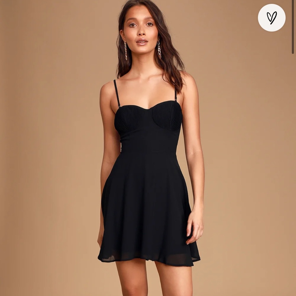 Lulu’s Sweet Kiss Black Pleated Bustier Skater Dress, small